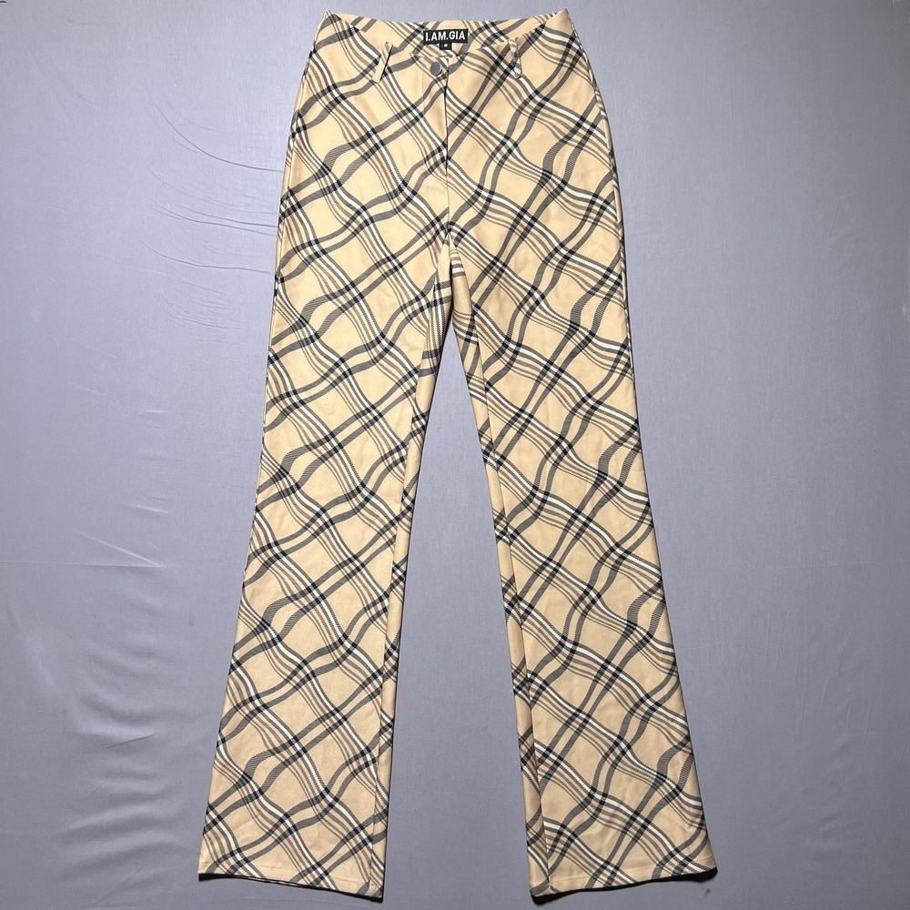 I.AM.GIA Carmel Groovy Pants Womens Small Beige Check Plaid Flare Stretch‎